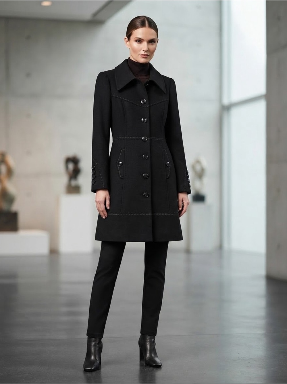 Ross Mayer Black Wool Tailored Car Coat | Button Front | Size 12

Or if you want
